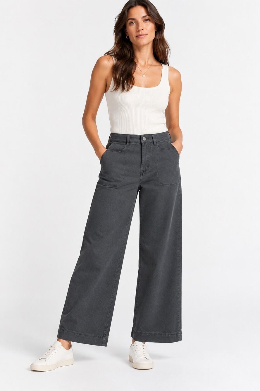 PACT Organic Stretch Twill Wide Leg Pants M Storm Charcoal Cotton High Rise